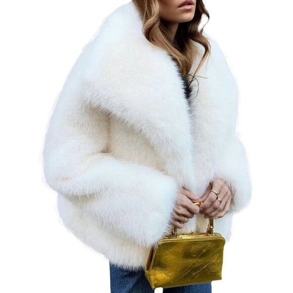 Jackets & Blazers - Cropped Faux Fur Jacket Lapel Collar Winter Warm Fluffy Shaggy Coat
